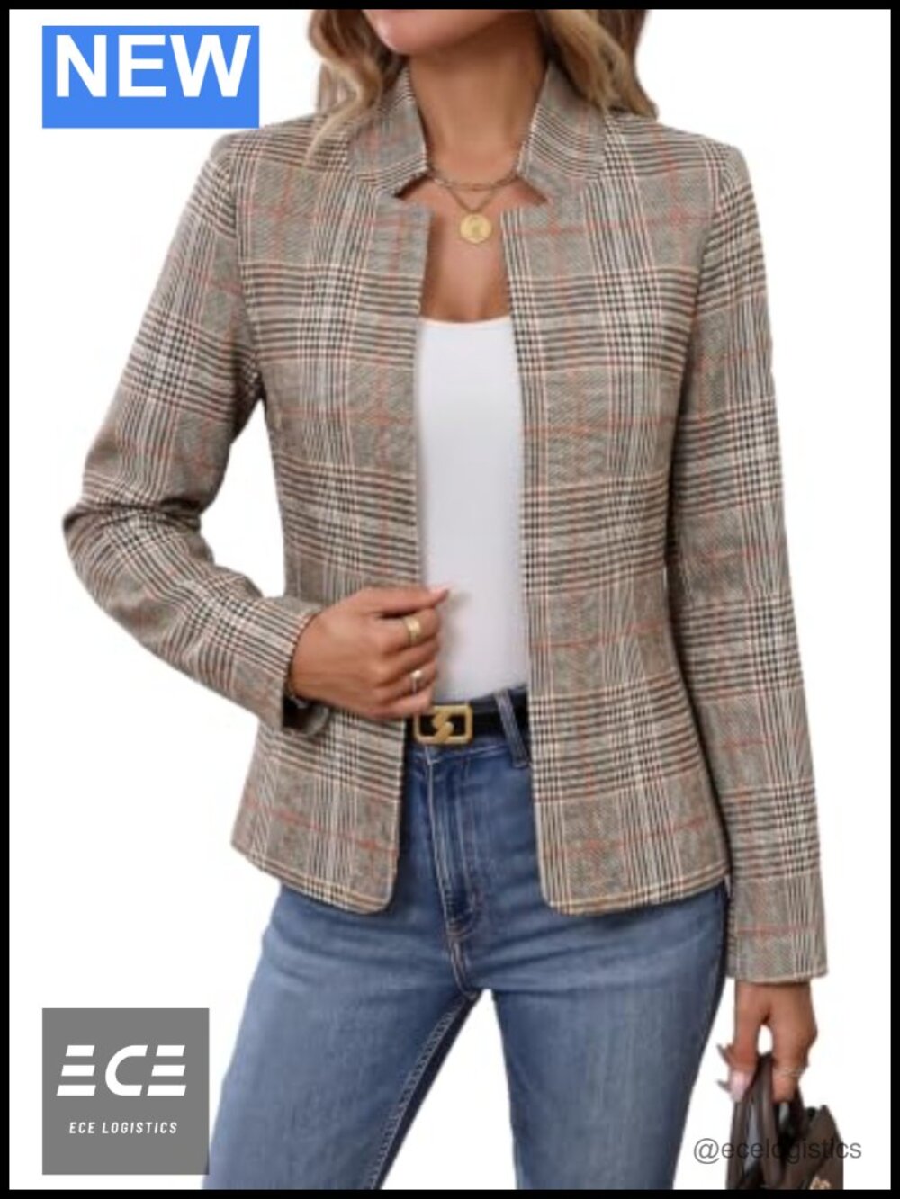 Plaid Tweed Blazer Open Front Business Casual Jacket
